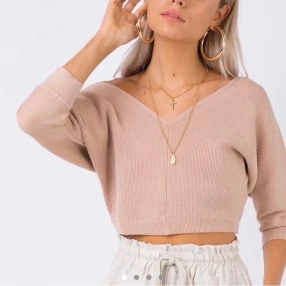 Princess Polly Cropped Ribbed V-Neck Sweater 3/4 Sleeve Beige